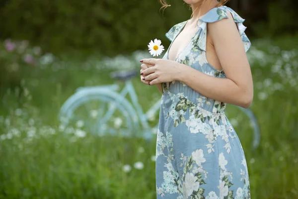 Piękna dziewczyna o zachodzie słońca w lecie na polu z kwiatem w ręku, spacery w lecie, idzie, słońce świeci — Zdjęcie stockowe