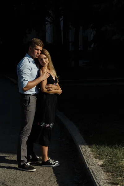 Happy Loving Couple Hugging Guy Kisses Girl Hugs Protecting Smiles — Stock Photo, Image