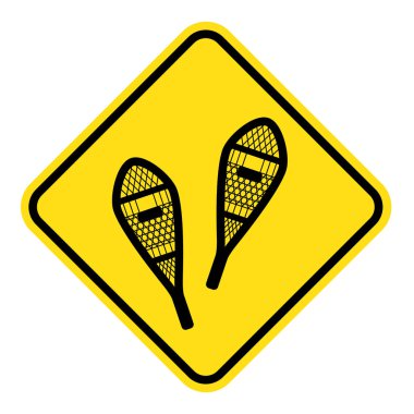 yellow sign for snowshoeing route. old style traditional snowshoes. winter outdoor activity. clipart
