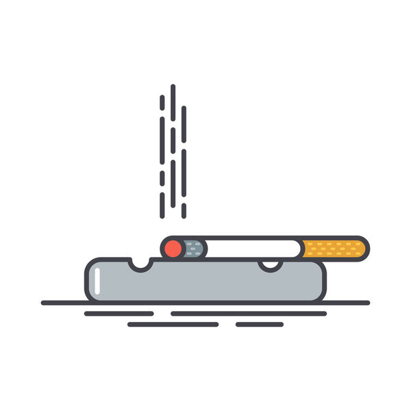 lighted cigarette with smoke on glass astray. vector illustration. flat style. line art.