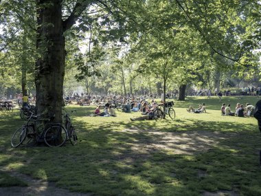 Şehir parkında güneşlenen insanlar