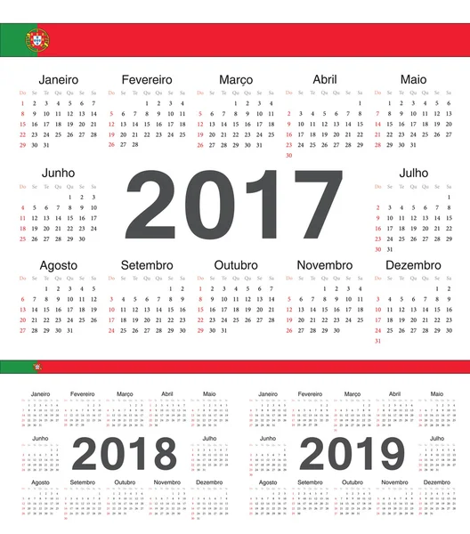 Calendari circolari portoghesi vettoriali 2017, 2018, 2019 — Vettoriale Stock