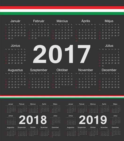 Vektor schwarzer ungarischer Kreis Kalender 2017, 2018, 2019 — Stockvektor