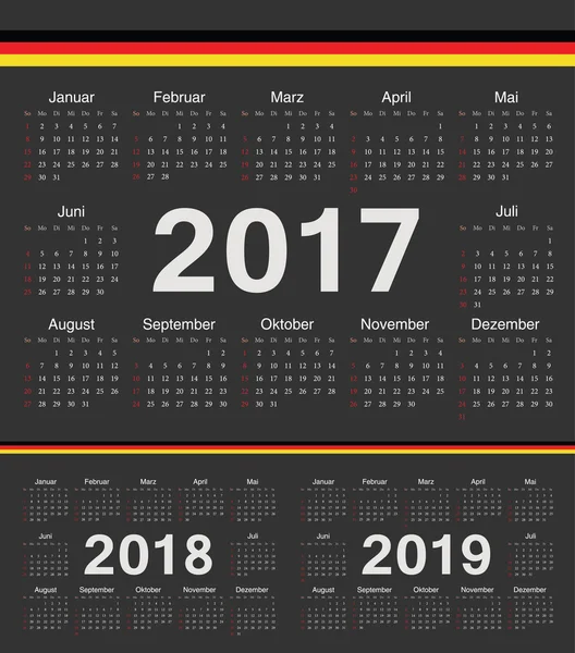 Calendrier vectoriel cercle noir allemand 2017, 2018, 2019 — Image vectorielle