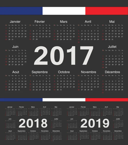 Vector black french circle calendars 2017, 2018, 2019 — Stock Vector