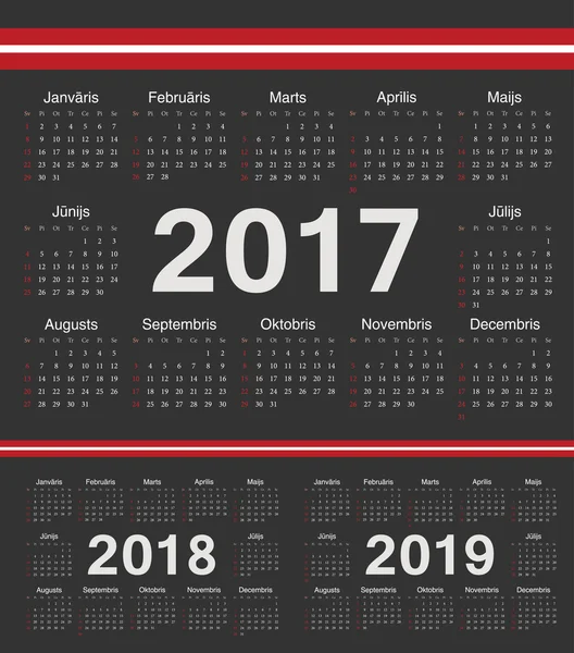 Vektor schwarzer lettischer Kreiskalender 2017, 2018, 2019 — Stockvektor
