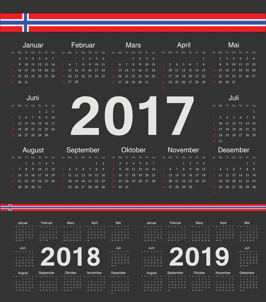 Vector black Norwegian circle calendars 2017, 2018, 2019 — Stock Vector