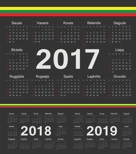 Vector negro calendarios círculo lituano 2017, 2018, 2019 — Vector de stock