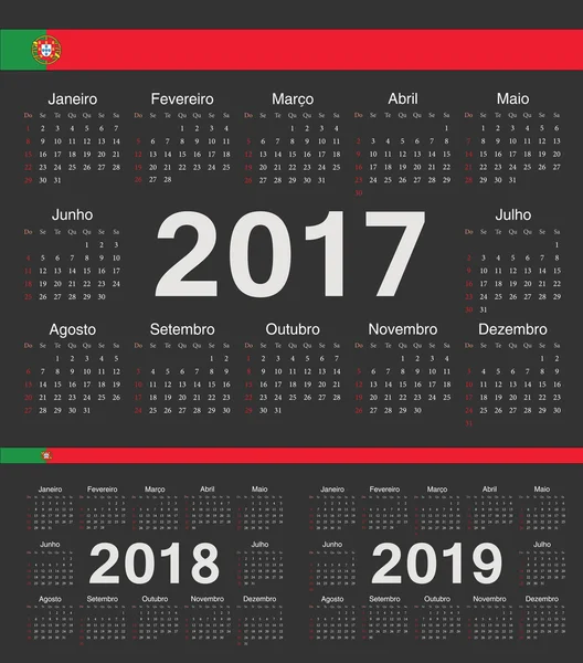 Векторний чорно Португальська коло календарі 2017, 2018, 2019 — стоковий вектор