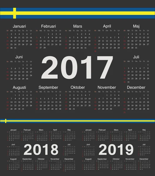 Calendrier vectoriel cercle suédois noir 2017, 2018, 2019 — Image vectorielle