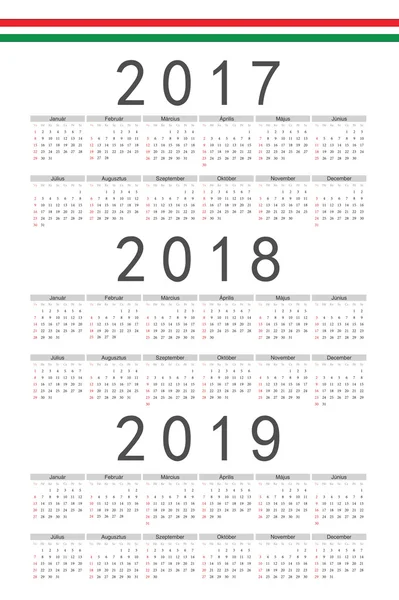 Set of rectangle Hungarian 2017, 2018, 2019 year vector calendar — Stock Vector