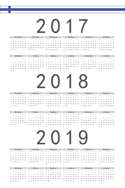 Set di calendari vettoriali anno rettangolo finlandese 2017, 2018, 2019 — Vettoriale Stock