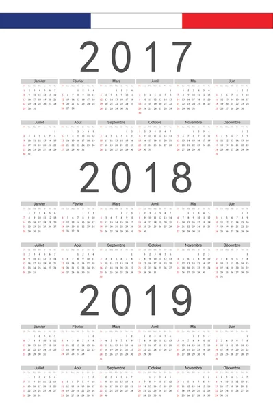 设置的黑色矩形 2017 年法语，到 2018 年，2019 年矢量日程表 — 图库矢量图片