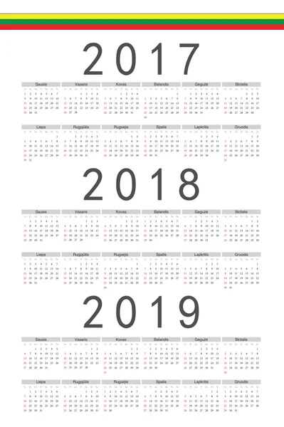 Set of rectangle Lithuanian 2017, 2018, 2019 year vector calenda — Stock Vector