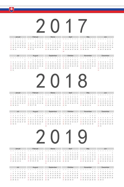 Set of rectangle Slovak 2017, 2018, 2019 year vector calendars — Stock Vector