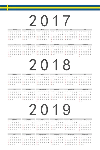 Rechteck schwedisch 2017, 2018, 2019 Jahresvektorkalender — Stockvektor