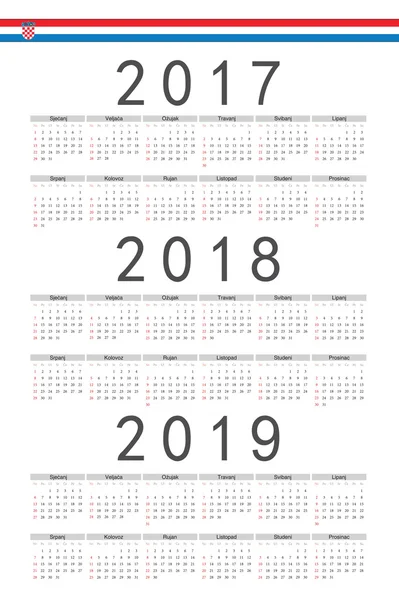 Set of rectangle Croatian 2017, 2018, 2019 year vector calendars — Stock Vector