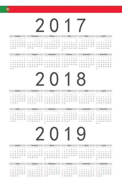 Set of rectangle Portuguese 2017, 2018, 2019 year vector calenda — Stock Vector