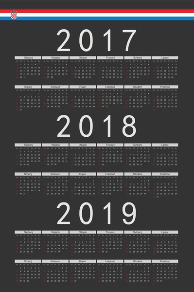 Set of black rectangle Croatian 2017, 2018, 2019 year vector cal — Stock Vector