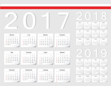 Lehçe 2017, 2018, 2019 vektör takvimler kümesi