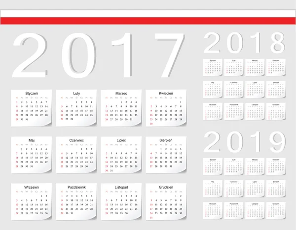 Set de calendarios vectoriales polacos 2017, 2018, 2019 — Archivo Imágenes Vectoriales