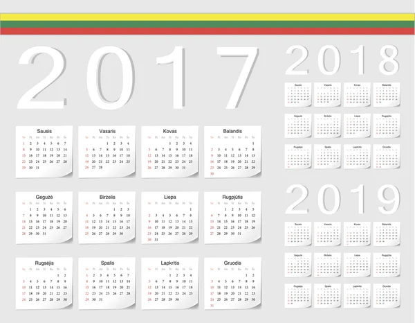 Set of Lithuanian 2017, 2018, 2019 vector calendars — Stock Vector