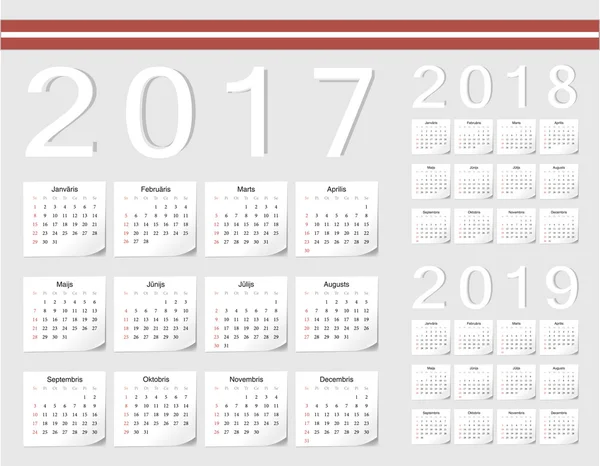 Conjunto de calendários vetoriais letão 2017, 2018, 2019 — Vetor de Stock