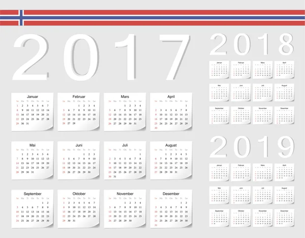 Ensemble de calendriers vectoriels norvégiens 2017, 2018, 2019 — Image vectorielle