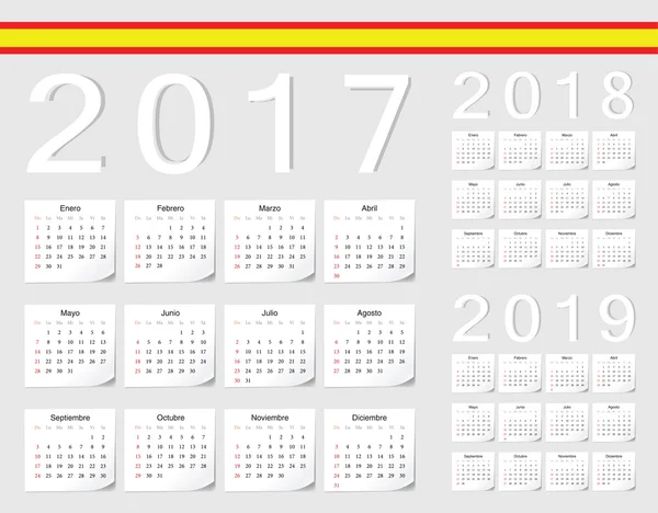 Set di calendari vettoriali spagnoli 2017, 2018, 2019 — Vettoriale Stock