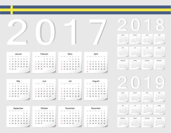 Set de calendarios vectoriales suecos 2017, 2018, 2019 — Vector de stock