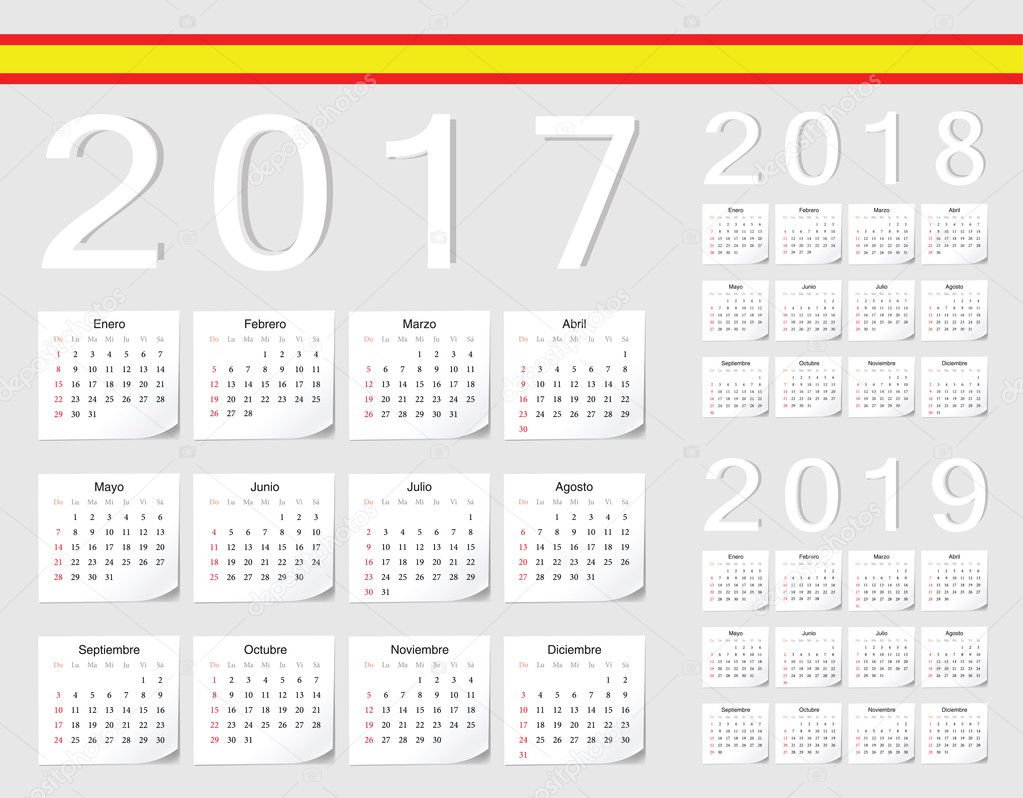 Set of Spanish 2017, 2018, 2019 vector calendars