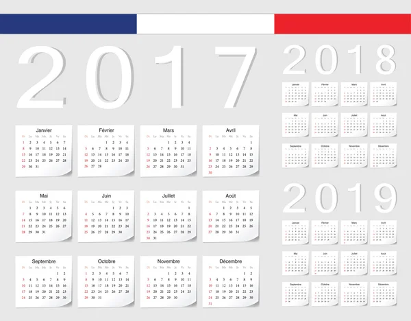 Zestaw francuski 2017, 2018 2019 wektor kalendarze — Wektor stockowy
