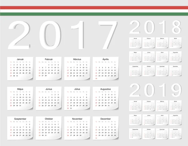 Комплект векторных календарей венгерского языка 2017, 2018, 2019 — стоковый вектор