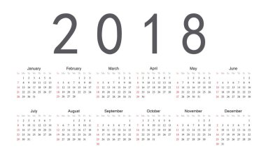 Avrupa 2018 yıl vektörel takvim