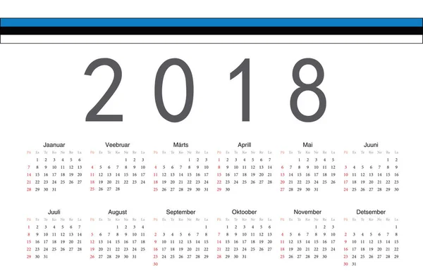 Estoński 2018 rok wektor kalendarza — Wektor stockowy