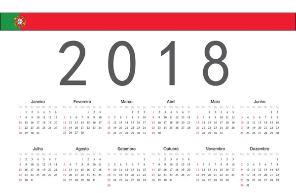 Ano calendário vetorial português 2018 — Vetor de Stock