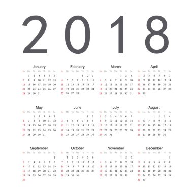 Kare İngilizce 2018 yıl vektör takvim