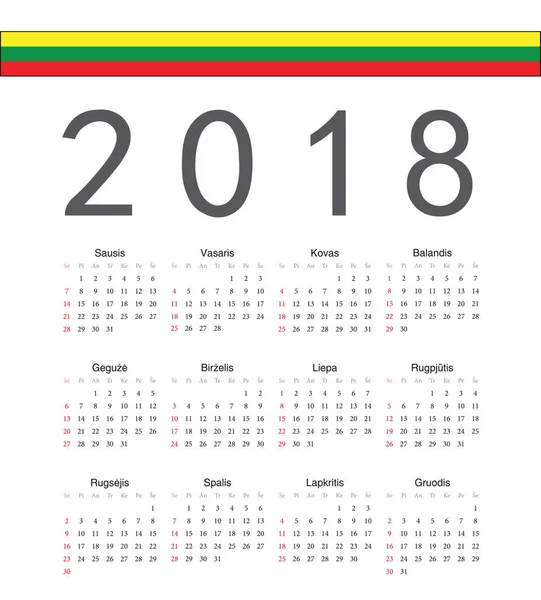 Calendario vectorial cuadrado de Lituania 2018 años — Vector de stock