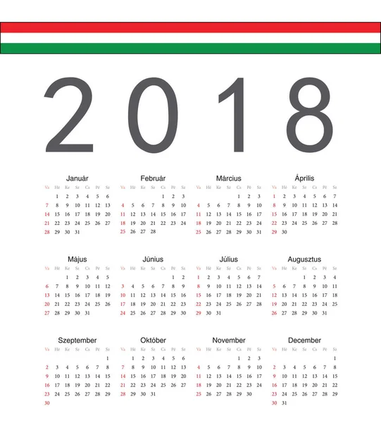 Čtvereček maďarské 2018 rok vektor kalendář — Stockový vektor