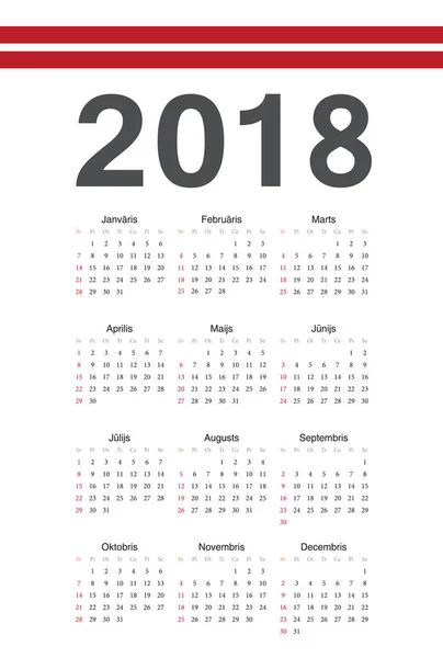 Calendrier vectoriel année 2018 letton — Image vectorielle