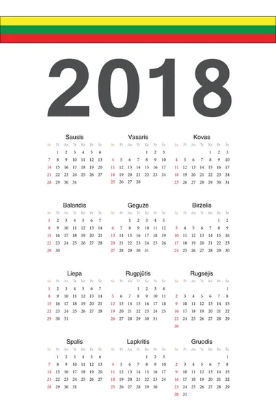Литовський 2018 року вектор календар — стоковий вектор