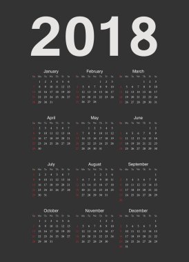 Avrupa siyah 2018 yıl vektör takvim