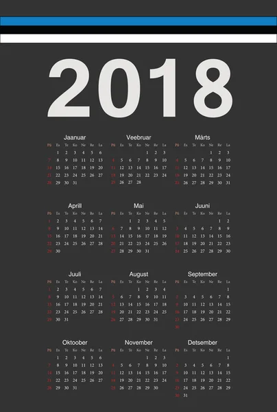 Calendrier vectoriel année 2018 noir estonien — Image vectorielle