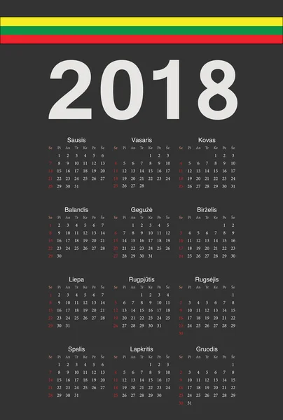 Litewski czarny rok 2018 wektor kalendarza — Wektor stockowy