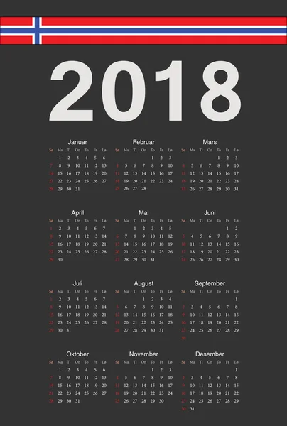 挪威黑色 2018 年矢量日历 — 图库矢量图片