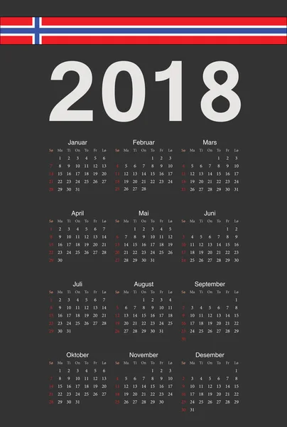 Calendrier vectoriel norvégien noir 2018 année — Image vectorielle