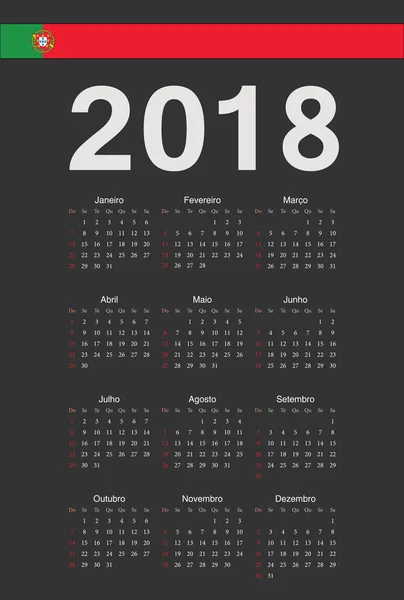 Portugués negro 2018 año vector calendario — Vector de stock