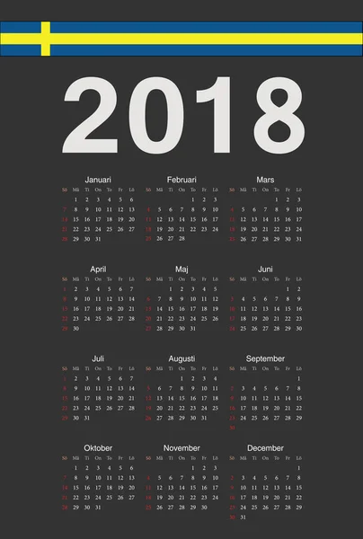 Kalendarz szwedzki czarny 2018 rok wektor — Wektor stockowy