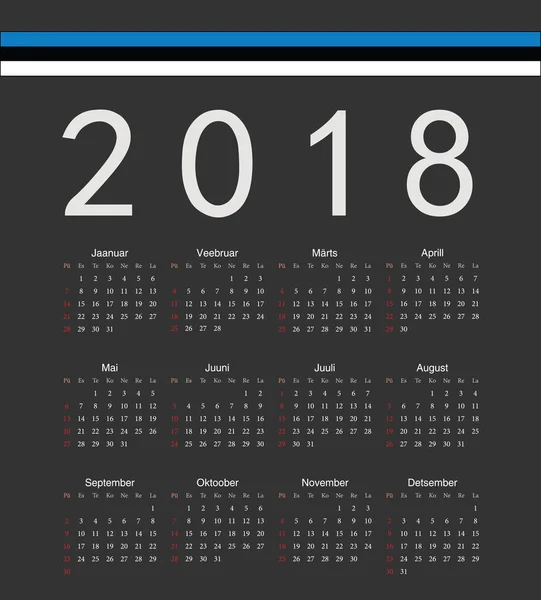 Fyrkantig svart estniska 2018 år vektor kalender — Stock vektor