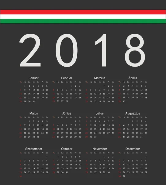 Cuadrado negro húngaro 2018 año vector calendario — Vector de stock